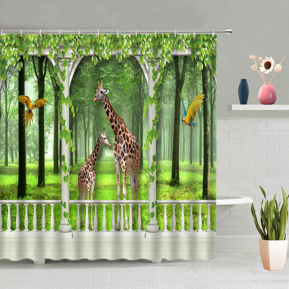 

Bathtub Decoration Wild Animal Giraffe Forest Background Picture Bathroom Shower Curtain Waterproof Polyester Fabric With Hooks