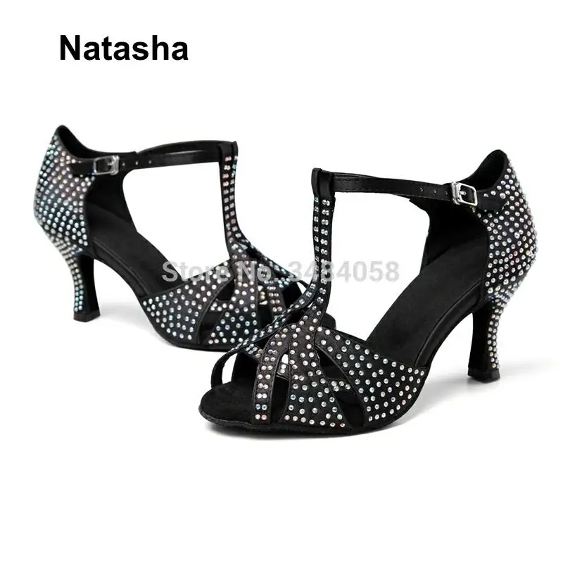 Атласная Черная Женская обувь для латиноамериканской вечеринки Natasha со стразами