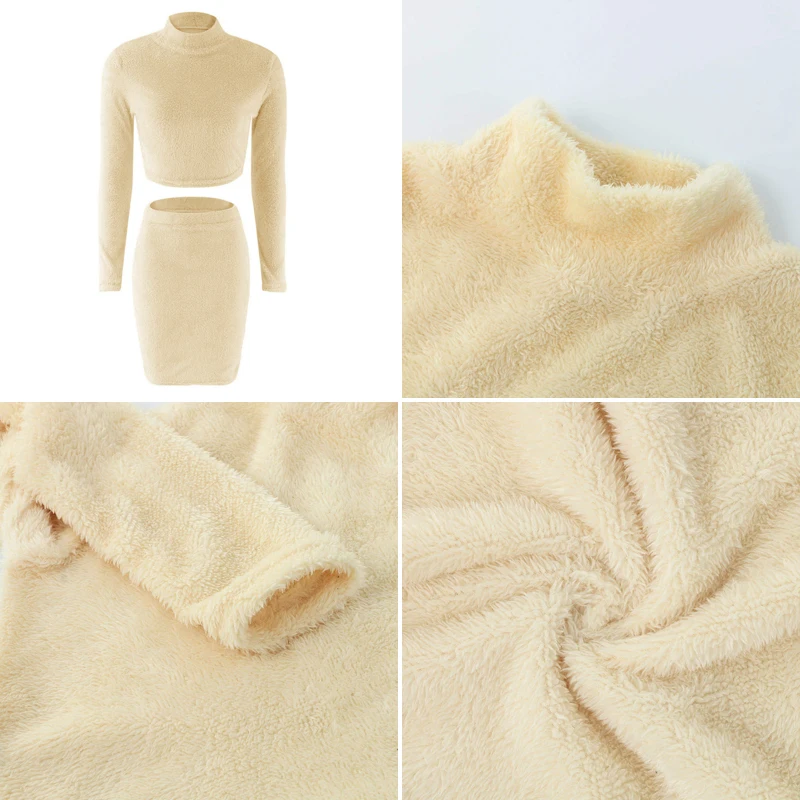 

Two Piece Set Women Sweater +Pencil Skirt Suit Long sleeve Fleece Crop Tops Bodycon Skirt 2 Pieces Set Women Knitted Tracksuit