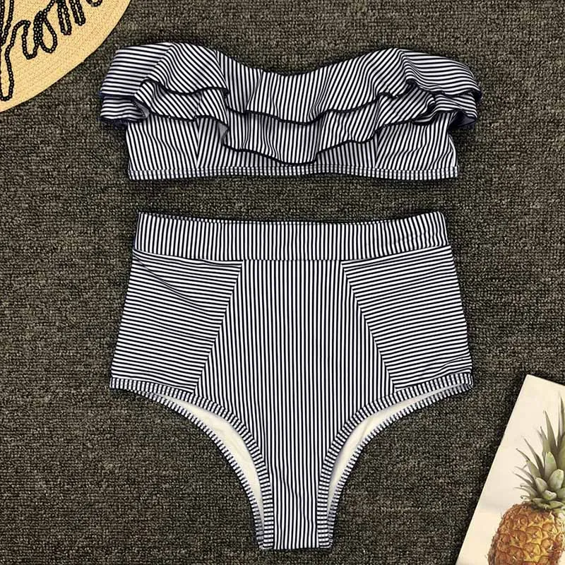 Женский купальный костюм из двух предметов желтое бикини в полоску с оборками