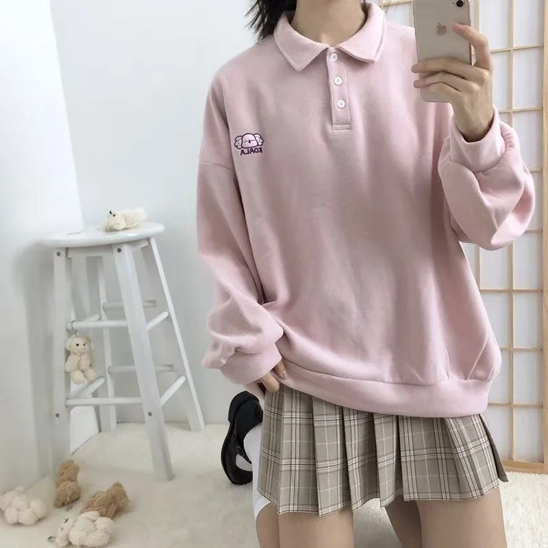 

Women Polo Women Sweatshirt Soft Girl Kawaii Cute Embroidery Japanese Style Long Sleeve Hoodies Top Cute Alt Clothes 2021