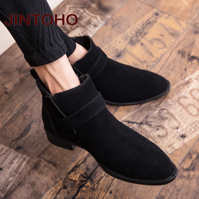 JINTOHO/мужские ботильоны из коровьей замши; модная мужская Рабочая обувь с острым носком; зимние мужские ботинки; повседневные мужские ботинки; недорогие мужские ботинки