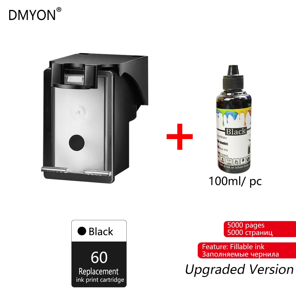 DMYON многоразовый картридж Замена для hp 60 60XL трехцветный картридж для принтера Deskjet D2660 D2530 D2560 F4280 - Цвет: Black