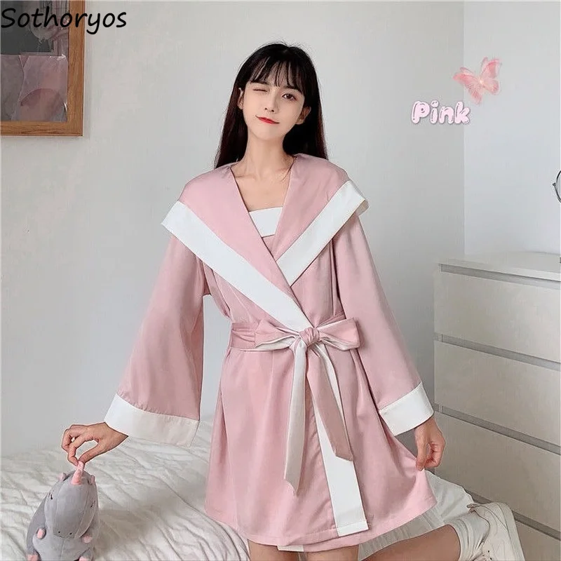 

Women Robe Gown Sets Patchwork Pink Long Sleeve Bathrobes Nightdress Girls Sweet Lovely Home Lounge Wear Sleepwear Summer Trendy