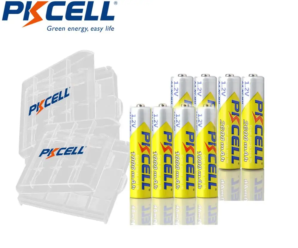 

4Pcs PKCELL 1000mAh 1.2V AAA Reachargeable Battery and 4Pcs PKCELL 1.2V AA 2600mAh NIMH reachargeable Battery and 2Pcs box