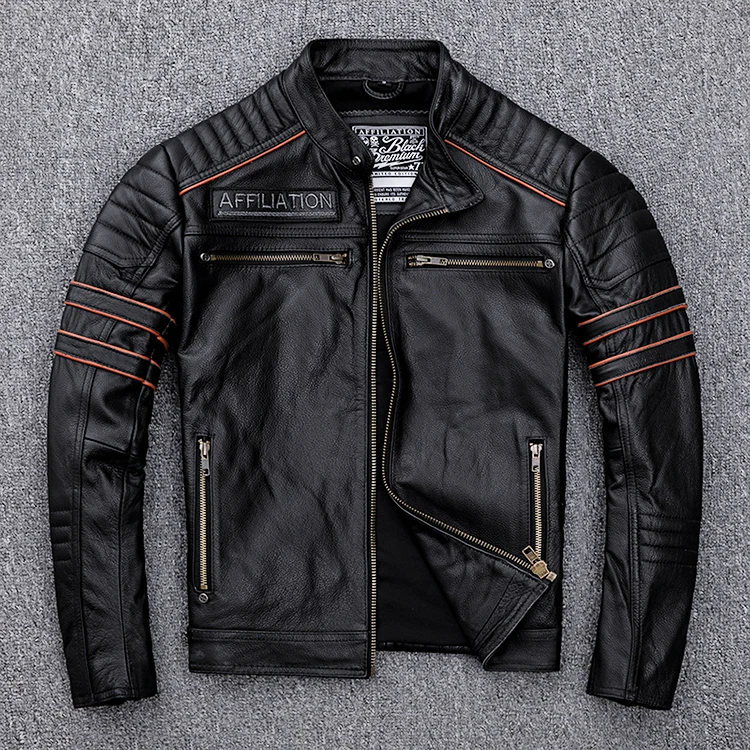 Black Men Skulls Embroidery Motorcycle Leather Jacket Plus Size XXXXL Genuine Cowhide Spring Slim Fit Biker's Leatther Coat