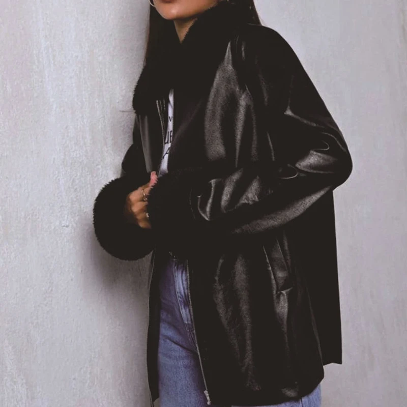 

Black Jacket Jacket Furry Collar Mid-Length Sleeve Leather Women Explosive Style Punk Fashion Chaquetas De Mujer