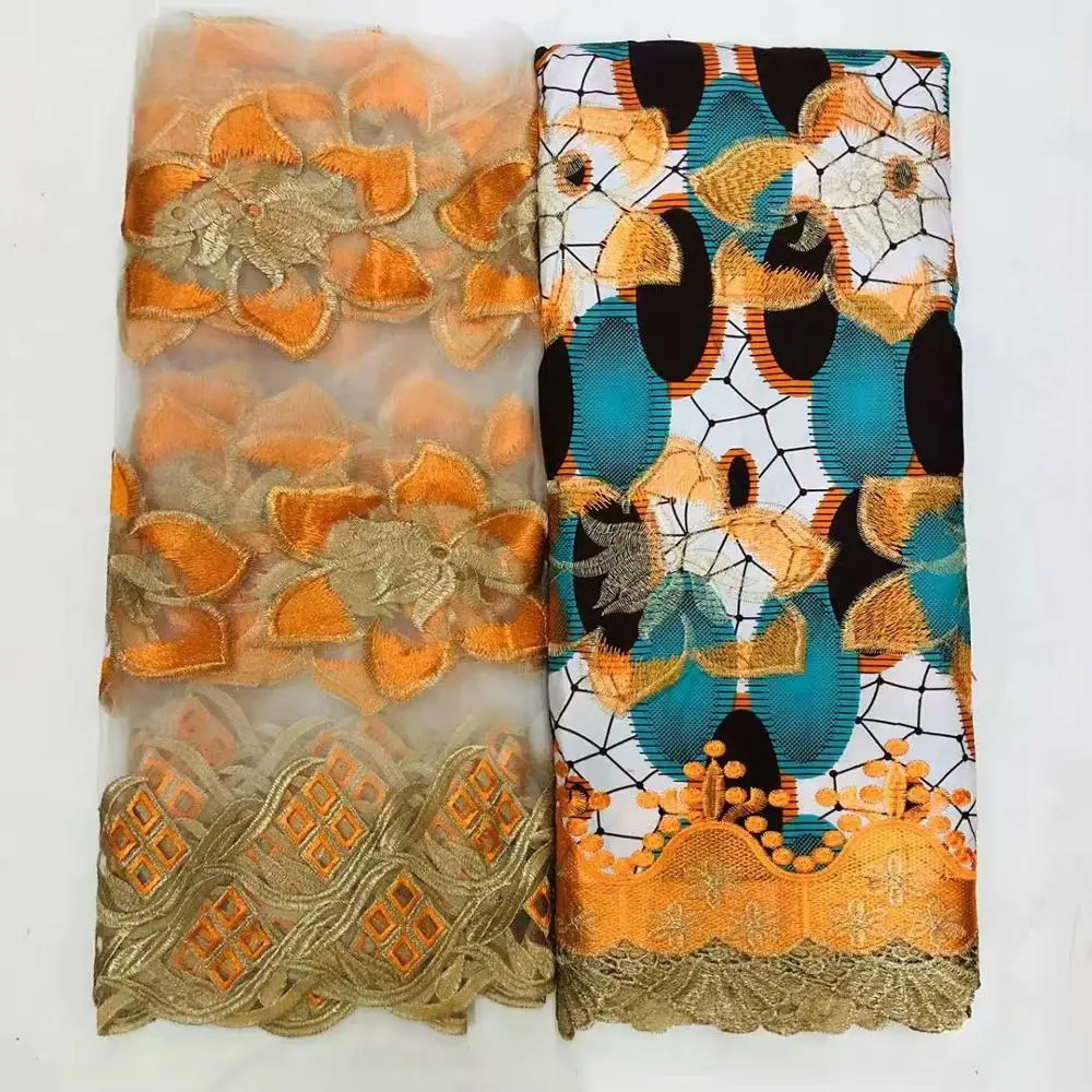 

Pretty Party Lace 6Y African Wax Lace Fabric Matching With 2Y French Tulle Net Lace Fabric For Dress Set WNL79-1