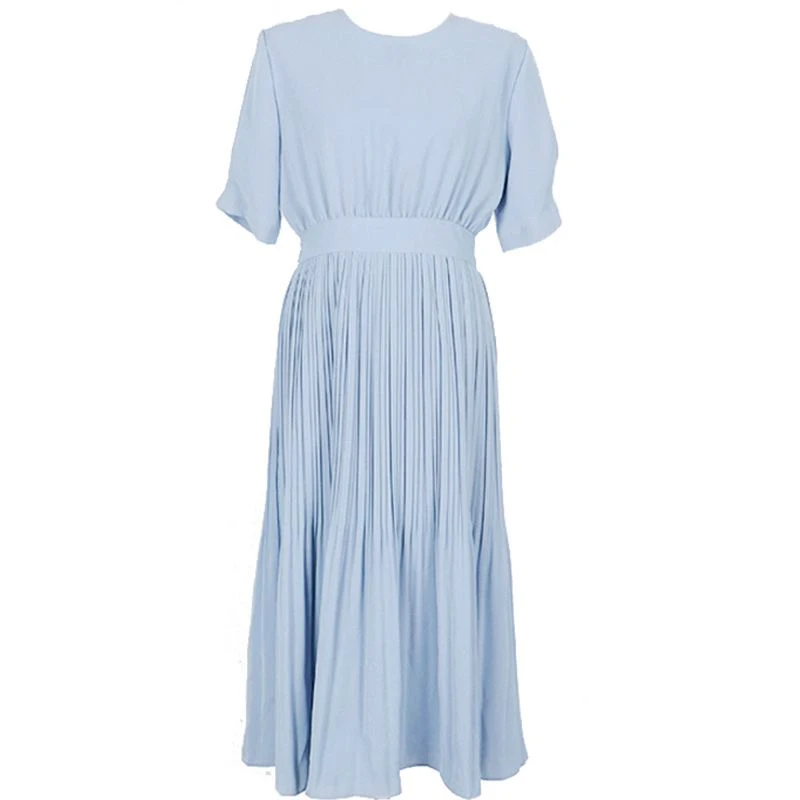 

Simple Slim Waist Pleated Dress Temperament All Match Korean Chic Solid Sweet Fresh Femme Robe Office Lady Short Sleeve Vestidos