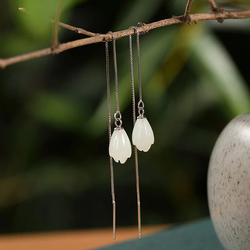 

Natural 925 sterling silver mosaic hetian jade ear line individuality magnolia retro temperament women earrings