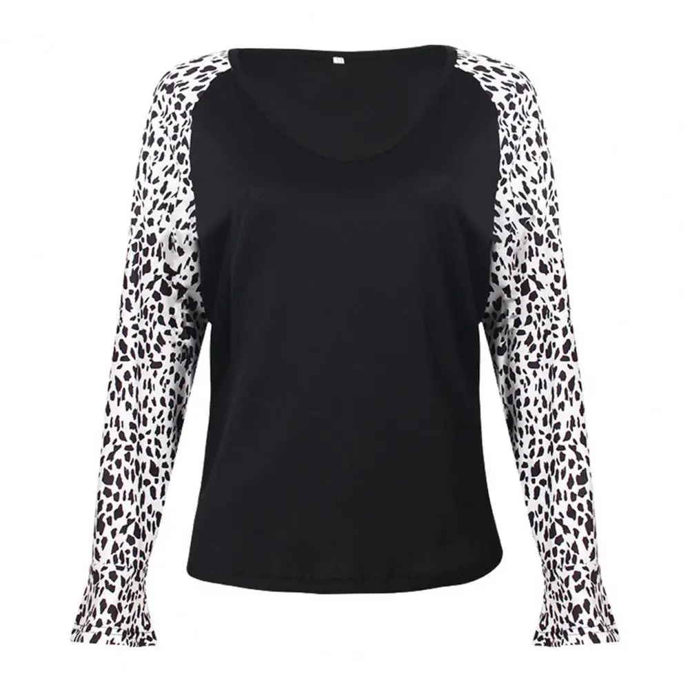 

40% Dropshipping!!Stitching Leopard Print Women Blouse Ruffle Long Sleeve Autumn V Neck Loose Autumn Pullover Streetwear