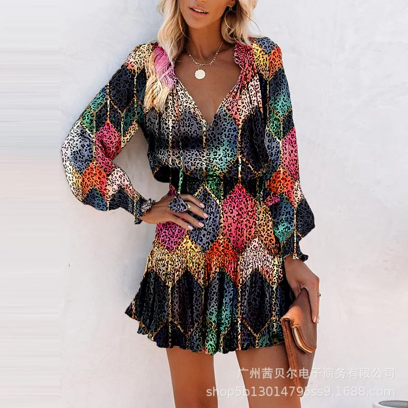 

Mandylandy Women's Casual Lantern Sleeve Color Leopard Print Dress Spring Fashion V-neck High Waist Slim Dress