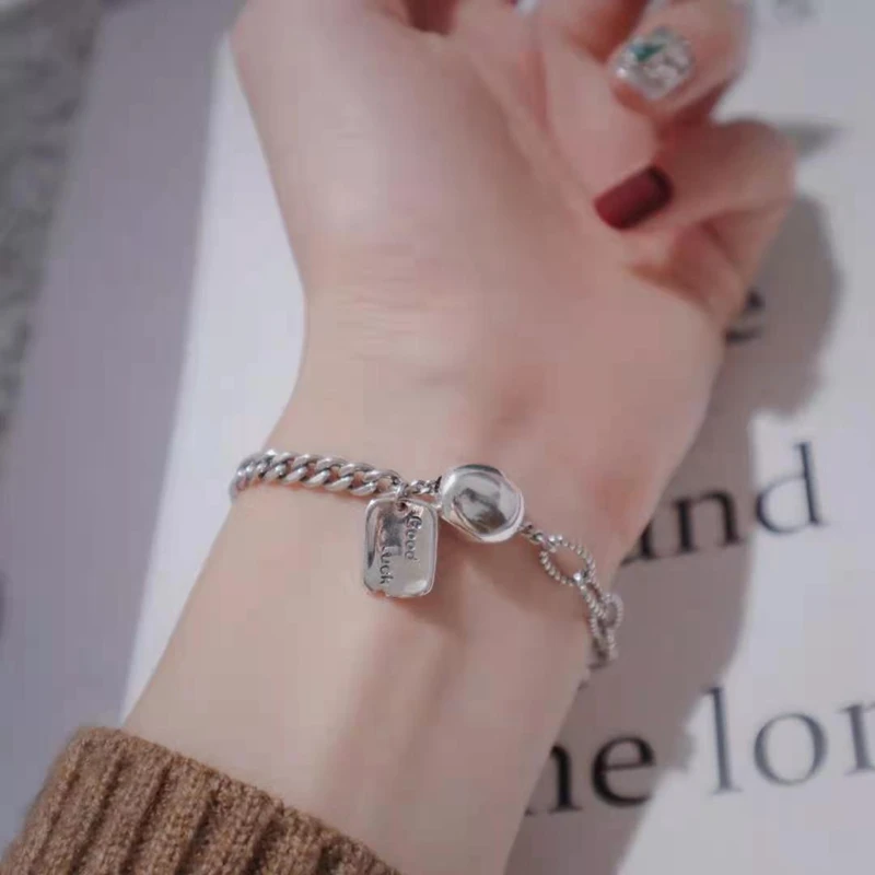

Vintage Solid 925 Sterling Silver Charm Bracelet Good Luck Beads Pendant Chain Made Old For Women Party Gift Jewelry