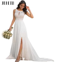 jeheth o neck chiffon wedding dress beach for women 2022 bridal gowns lace applique open back side split bohemia bride dresses