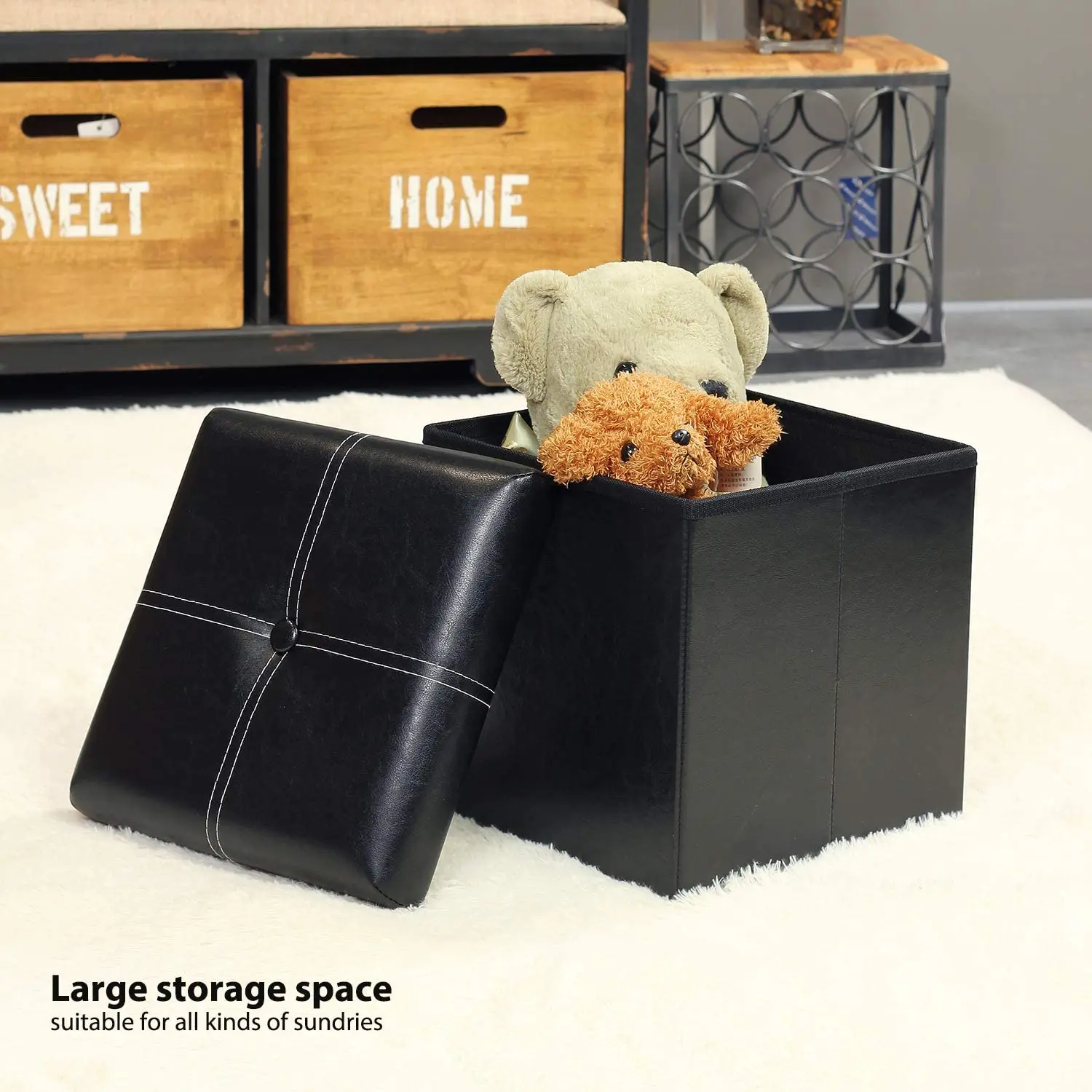 

Faux Leather Storage Ottoman Stool Foldable Sofa Storage Box Small Square Foot Rest Seat Chair Bench