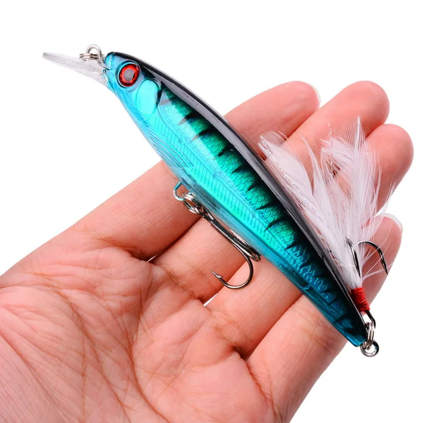 H with feather 1 шт. блесна рыболовные приманки 3D глаза плавающие лазерные жесткие рыболовные воблеры кренкбейт пластиковые приманки Pesca Isca 11 см 13,5 г - Цвет: H with feather