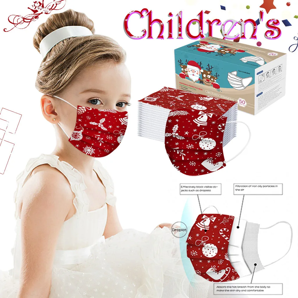 

50PC Christmas Masks Child Adults Disposable Face Mask Fashion Lovely Festival Print Mouth Cover Breathable Earloops Mascarillas