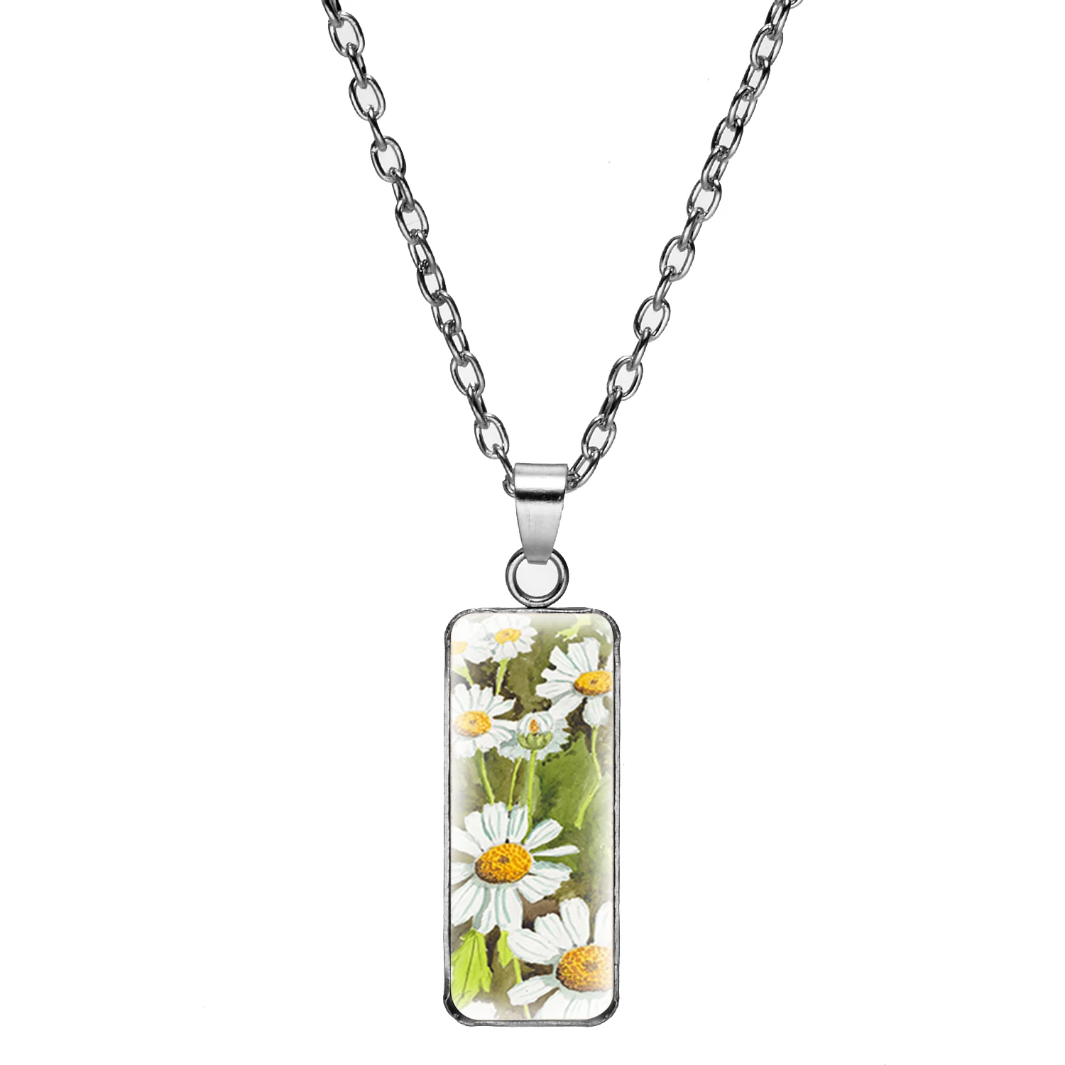 Classic Daisy Flower Oil Painting Art Necklace Vintage Painted Design Glass Cabochon Pendant Long For Women Girl Gifts |