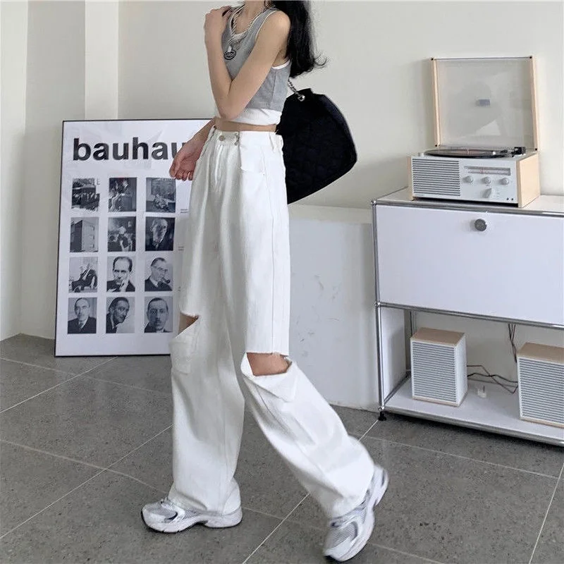 

Jeans Women Hole Ladies Full Length Trousers Fashion Loose Sexy All-match Simple Solid Preppy Korean Style Vintage High Waist