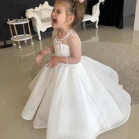 yiminpwp flower girl dresses for weddings o neck 34 long sleeve sweep train appliques beads child girls birthday party gown