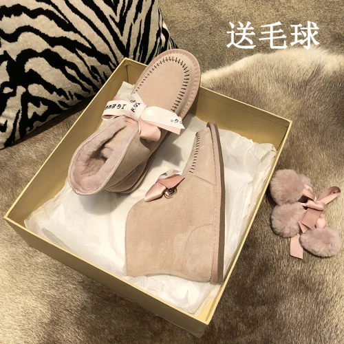 Зимние сапоги без каблуков; женская обувь с круглым носком из плюша; Zapatos De Mujer; Водонепроницаемая Толстая теплая шерстяная обувь; зимние короткие сапоги с бантом и помпонами; - Цвет: Розовый