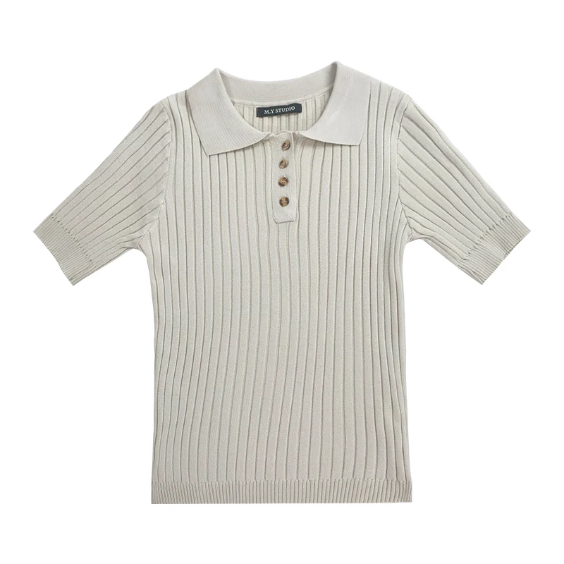 

Korean 2021 Women Elegant And Casual Polo Plunge Neck Short Sleeve Knitted Shirt Crop Top