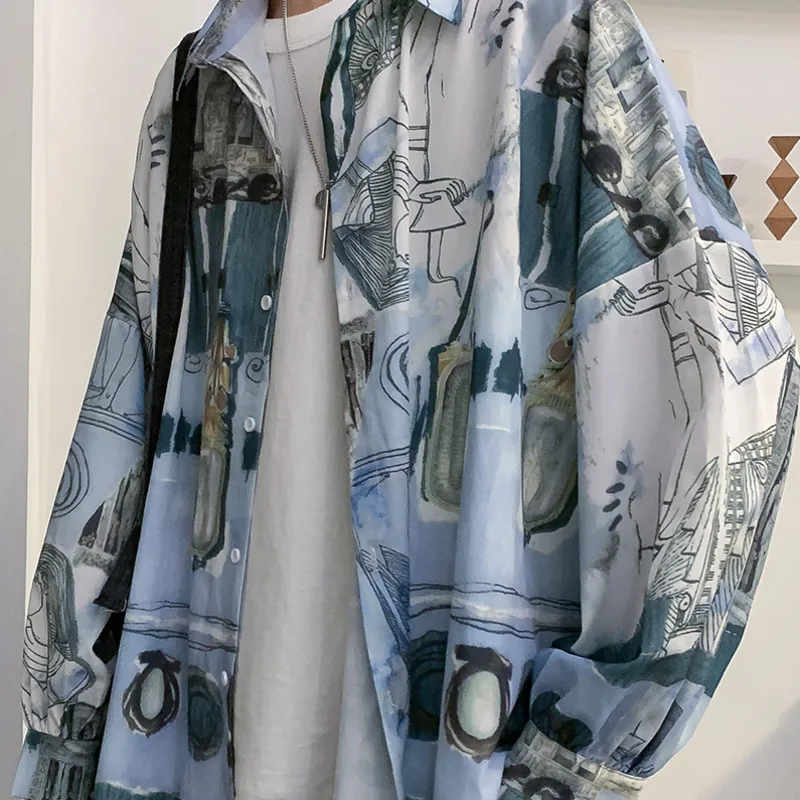 Рубашка мужская с принтом, Повседневная модная уличная одежда, гавайская Свободная рубашка в стиле хип-хоп, с длинным рукавом, осень от AliExpress WW