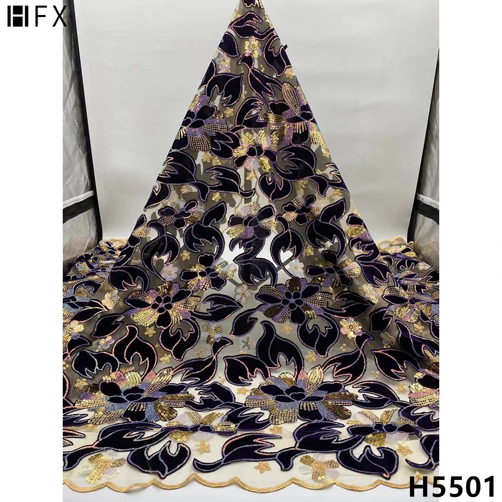 Цена Новое поступление, африканская бархатная кружевная ткань HFX, новейшая нигерийская кружевная ткань с вышивкой и блестками, бархатная кружев...