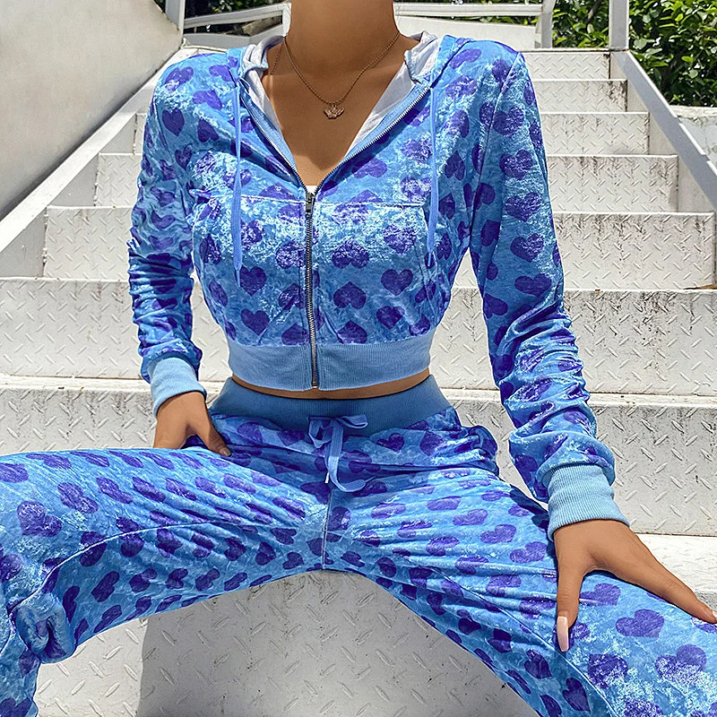 

Hoodies Women Y2K Jackets Velvet Two-piece Sports Sweater Graphic Heart-shape Print Cropped Sweatshirts Sweatshirt Set