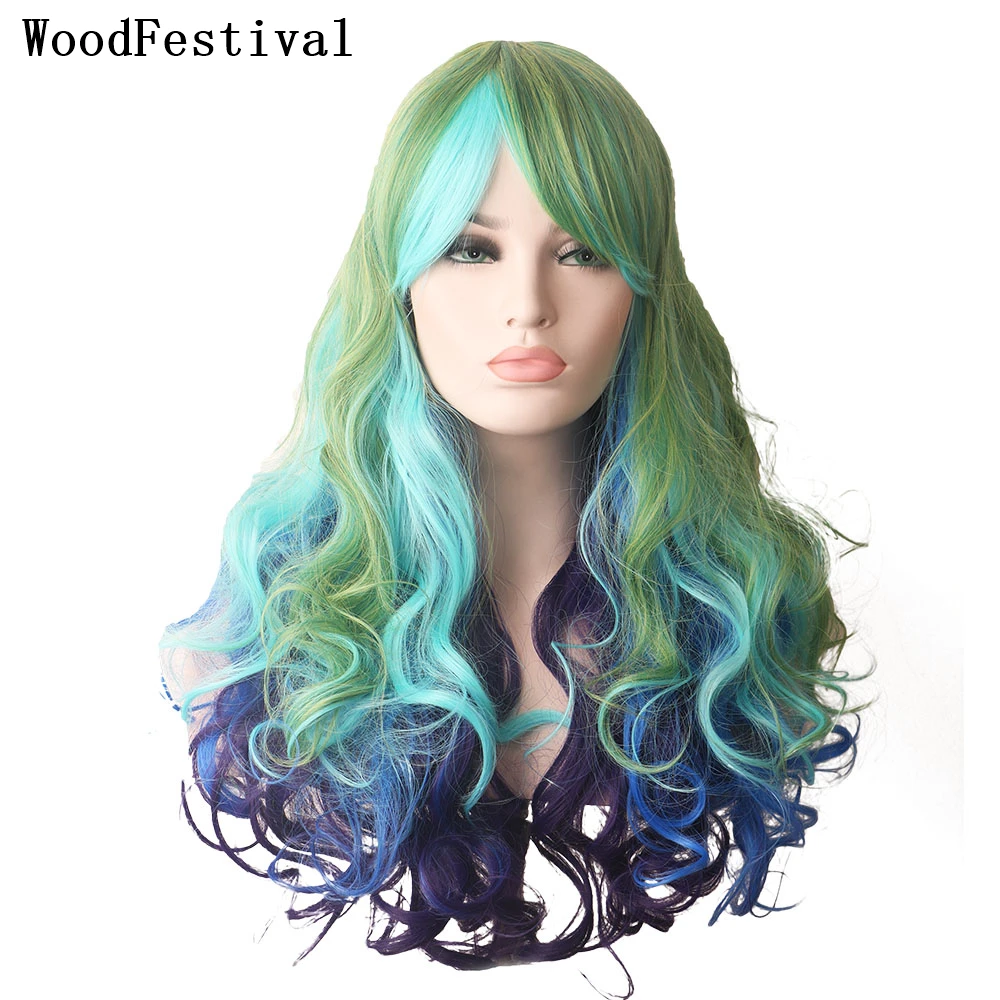 

Женские парики для косплея WoodFestival, синтетический парик с челкой, волнистые длинные волосы розового, красного, фиолетового, синего, зеленого,...