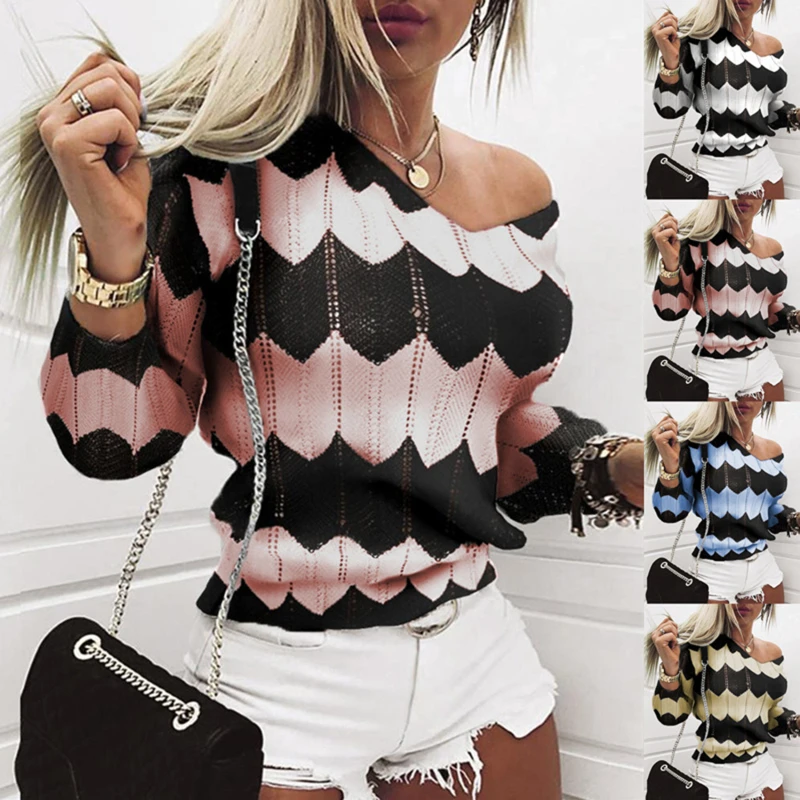 

Women's Sweater 2022 Spring and Autumn New Knitted Sweater Wave stripe Hollow Pullover Thin V-neck Sweater