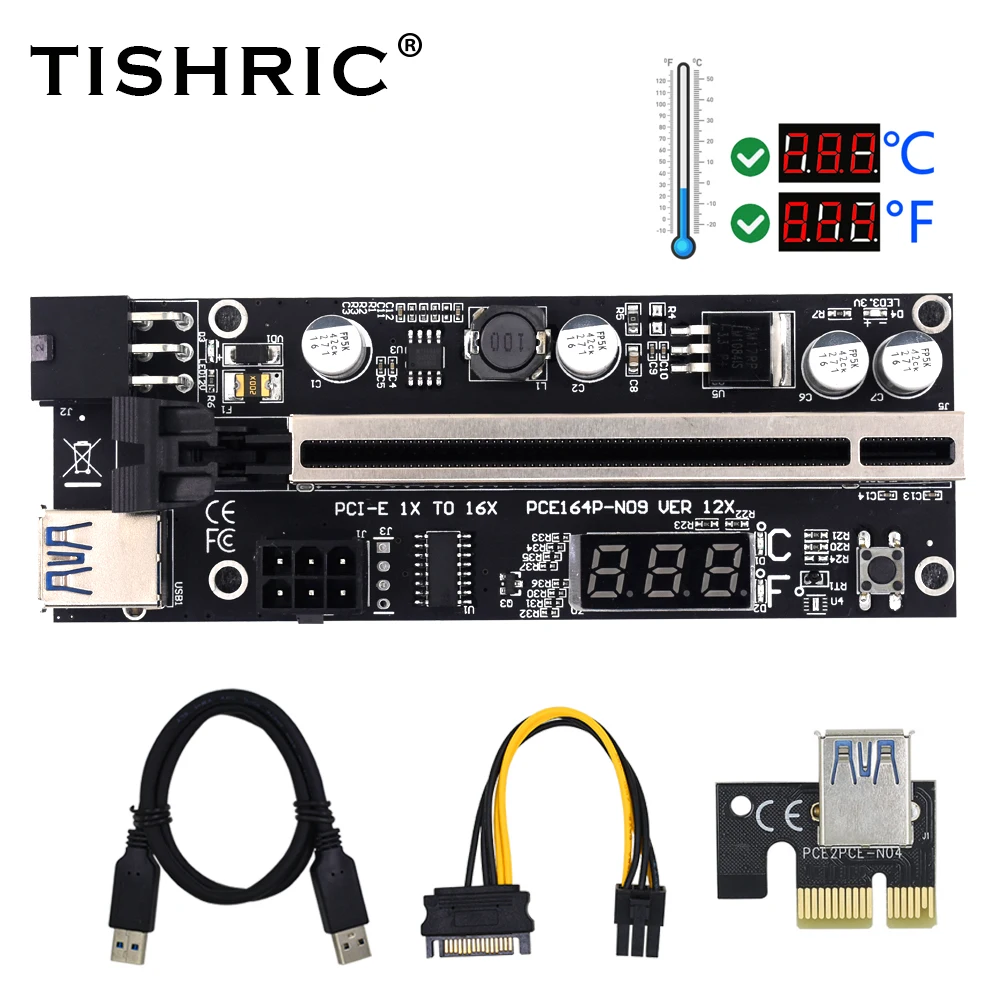 

Подъемник TISHRIC PCIE VER12X Dual PCI Express 6Pin для видеокарты PCI-E 1x до 16x с индикатором температуры для майнинга биткоинов