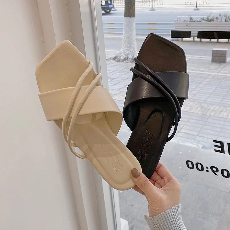 

Shoes Woman 2021 Slippers Flat Luxury Slides Low Pantofle Soft Massage Designer New Summer Basic Fashion Rome PU Shoes Slippers