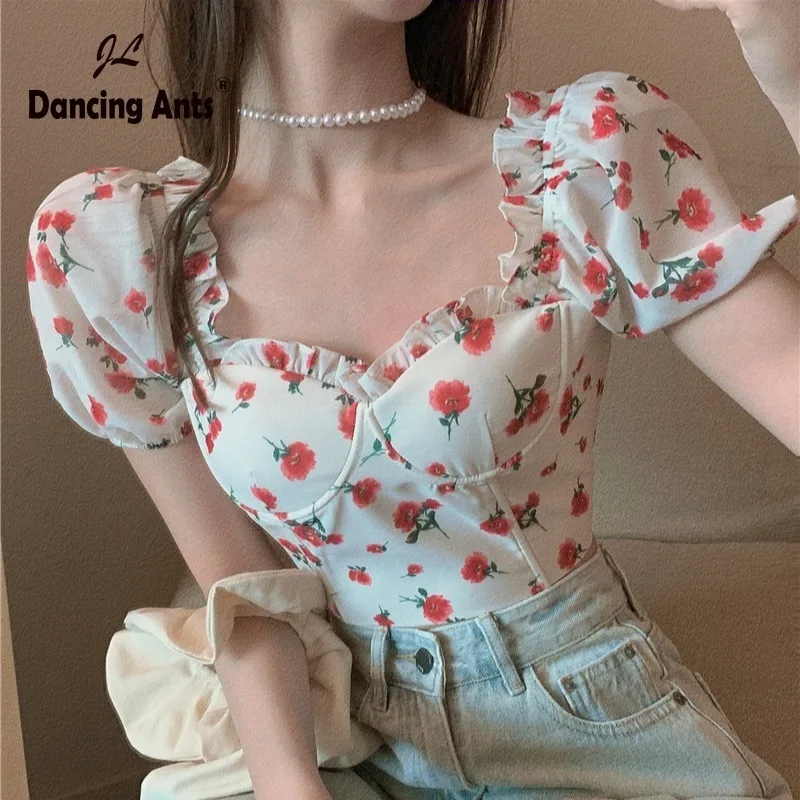 Женские блузки с квадратным вырезом коротким рукавом-фонариком и цветочным