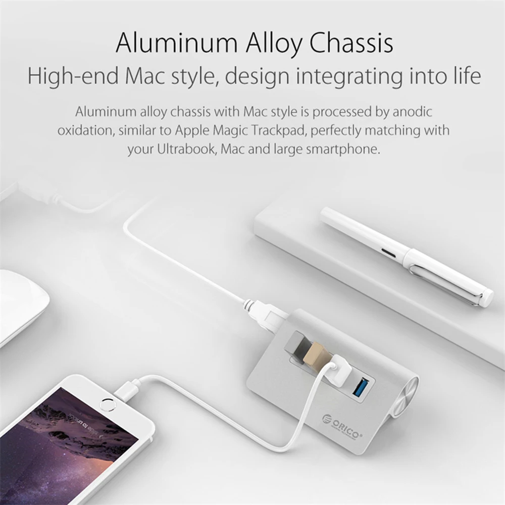 USB хаб ORICO в алюминиевом корпусе с 4 портами и кабелем для передачи данных|aluminium