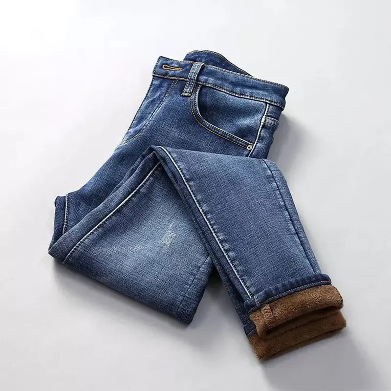 Новые зимние теплые женские джинсы с высокой талией эластичные плотные флисовые