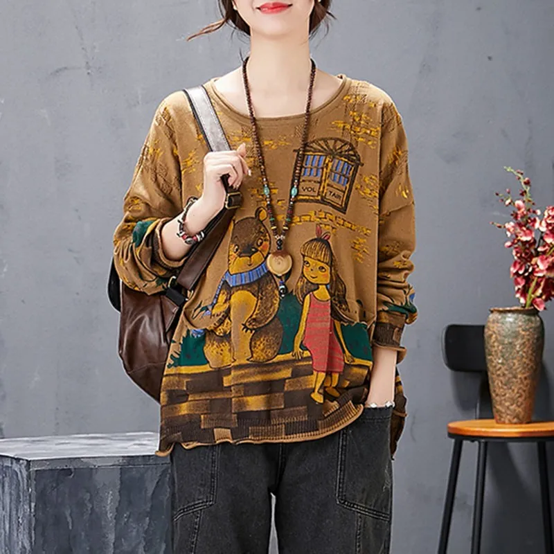 

Oversized Women Autumn Casual Sweaters New Arrival 2020 Simple Style Vintage Cartoon Print Loose Ladies Knitted Pullover S1863