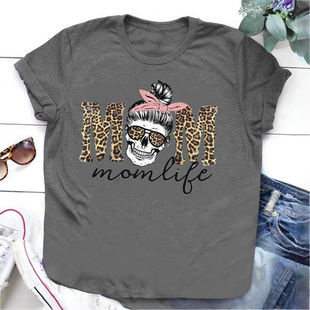 Леопардовой расцветки с принтом череп голова Мама Жизнь принт Женская футболка