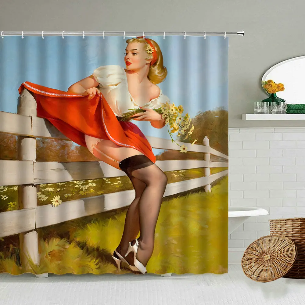 

American Beautiful Girl Parrot Shower Curtain Sexy Woman Bathroom Decoration Blackout Waterproof Photography Background Screen