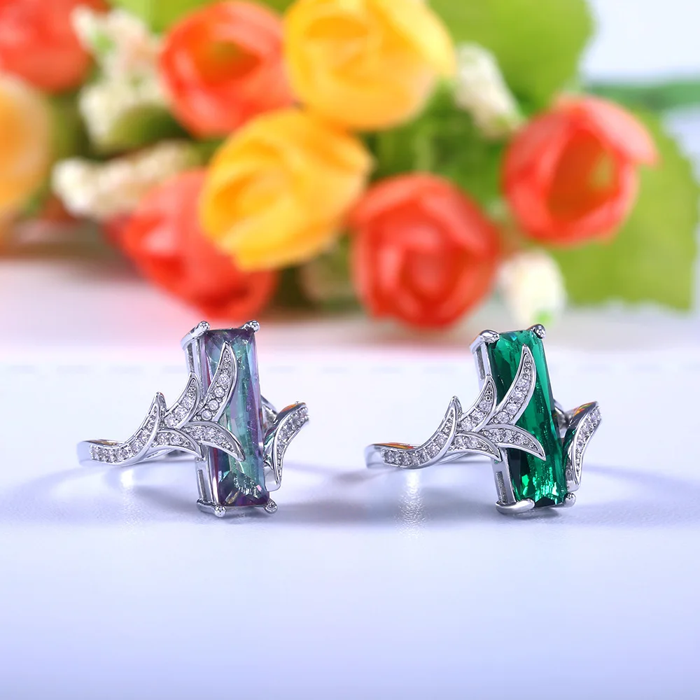 

New Arrival Creative Personality Embedding Green Stone Square Rainbow Colors Shine Crystal Ring For Women Wedding Jewelry Gifts
