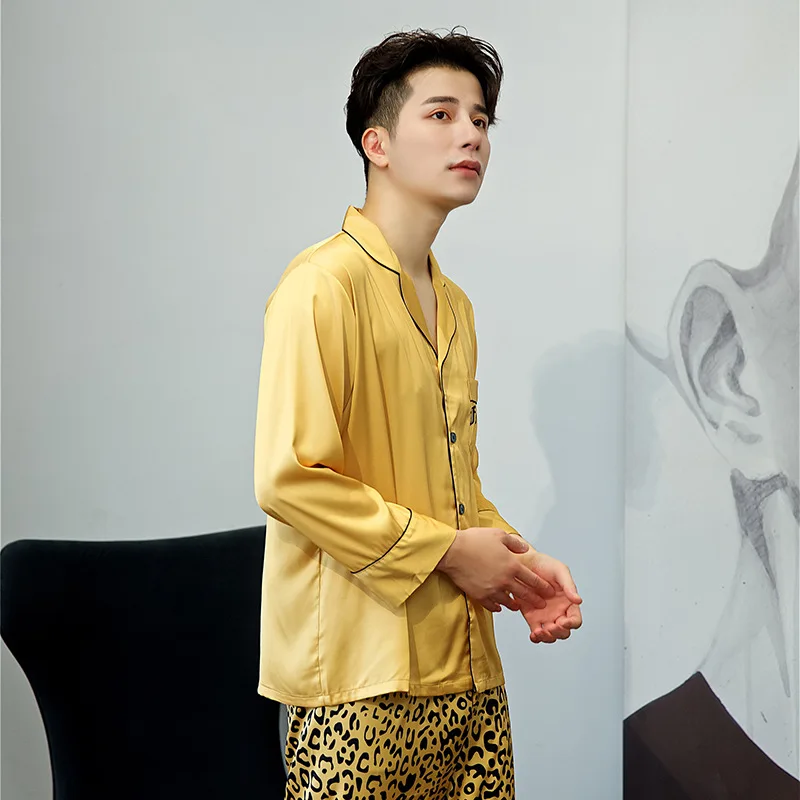 

Couple Leopard Printed Pajamas Set Spring Lovers Men Women Long Sleeve Pants Sleepwear Satin Homewear Nightwear
