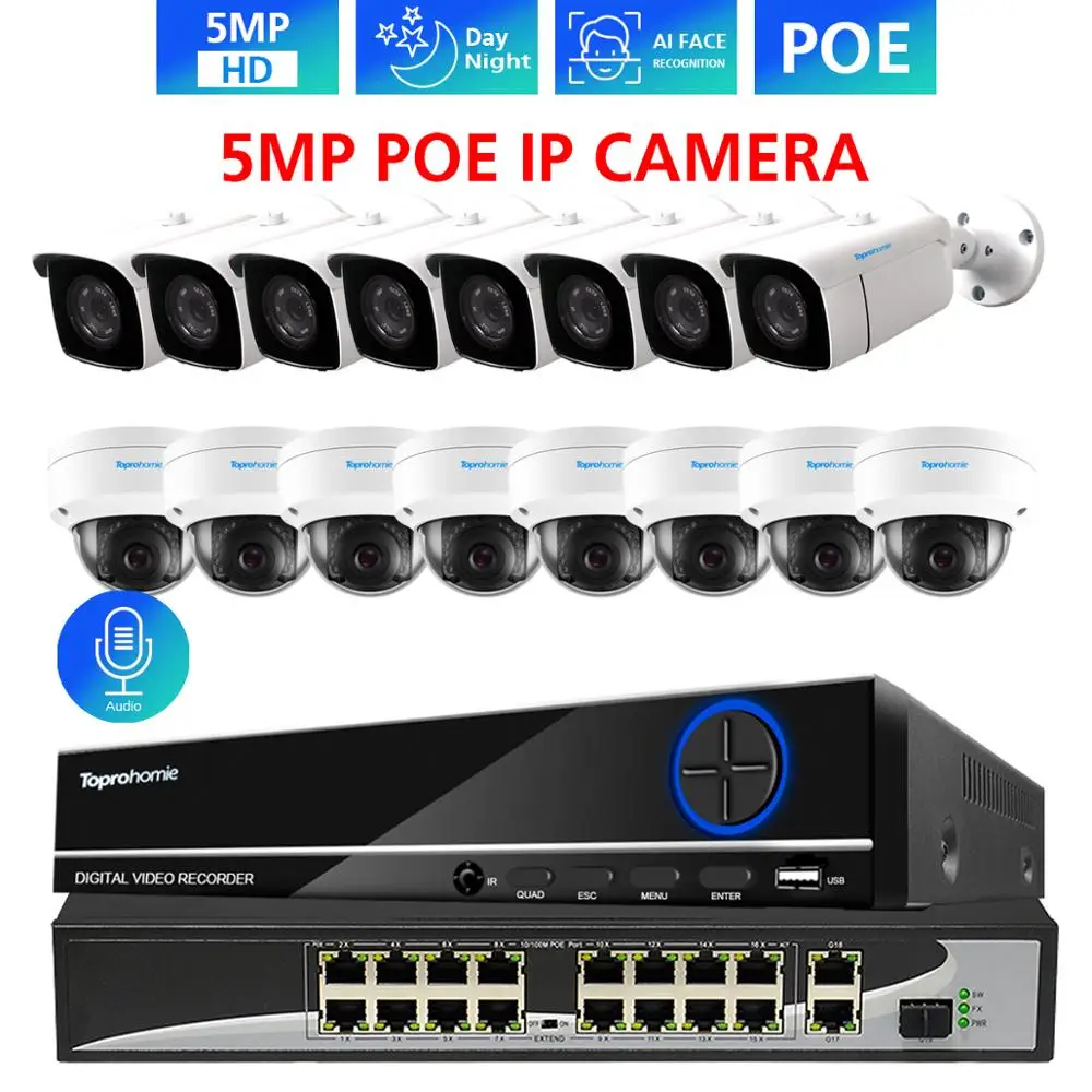 IP камера TOPROHOMIE H.265 + 16 каналов POE CCTV антивандальная водонепроницаемая дневного и