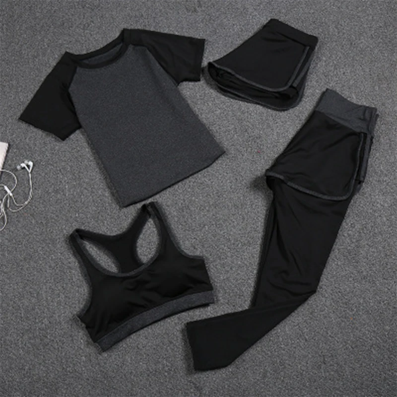 

High waist pants+shorts+bra+t shirt+coats women sportswear 5PCS set outdoor running quick dry yoga clothing fitness gym sets