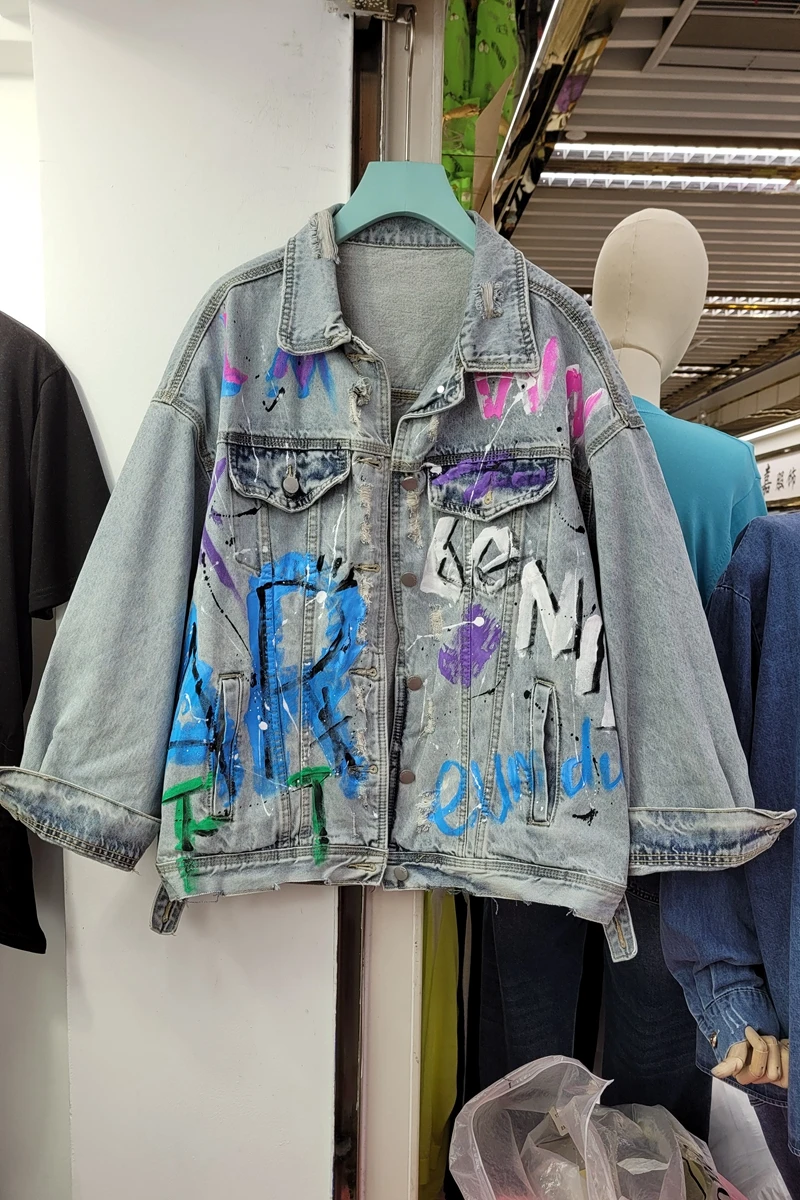

Spring Loose Single Long Sleeve Denim Jacket for Women Fashion New Graffiti Letters Frayed Vintage Streetwear