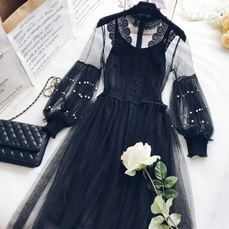 Neploe кружевное Сетчатое лоскутное платье из двух частей Блузка + Прозрачная