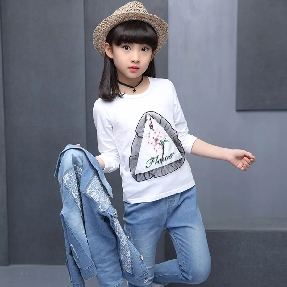 Детская одежда джинсовая куртка с дырками + джинсы футболка 3 шт. для девочек