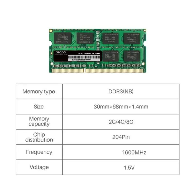 

OSCOO DDR3 RAM 2GB/4GB/8GB 1600MHz SODIMM Memory 204Pin Laptop Motherboards Memory Bar for Notebook Computer Office Home