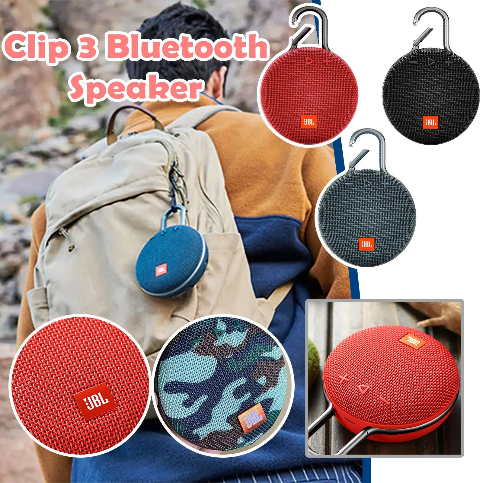 JBL CLIP 3 Беспроводная Bluetooth Колонка IPX7 Водонепроницаемая наружная Портативная