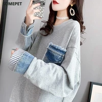 jeans mosaic fake two hoodie women loose korean version of the new autumn long fried street personality plus size jacket