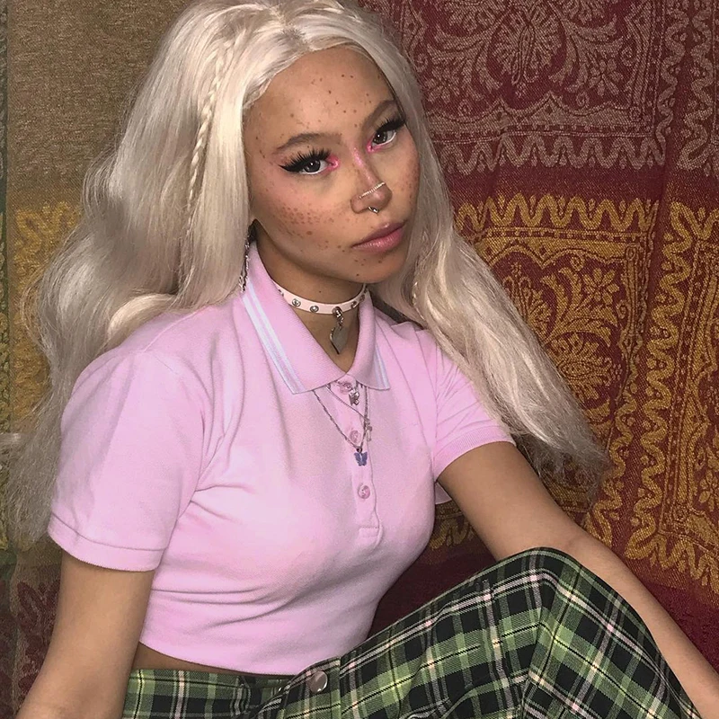 

Rockmore Y2K Aesthetic Short Sleeve Crop Top Turn-down Collar T-Shirt Women Pink Skinny Striped Tees Shirts Fashion Tshirt 2021